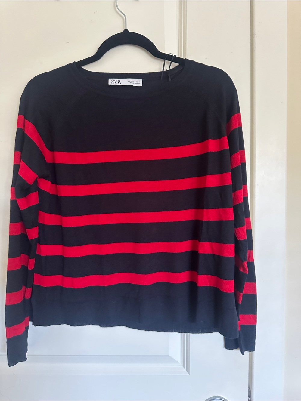 Zara Black Crewneck Sweater with Red Stripes